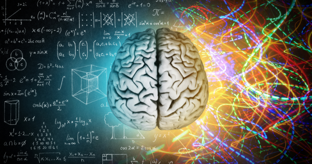 Brain at center with a chalkboard of equations on the left and vibrant colorful light trails on the right, symbolizing thinking and creativity.