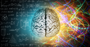 Brain at center with a chalkboard of equations on the left and vibrant colorful light trails on the right, symbolizing thinking and creativity.